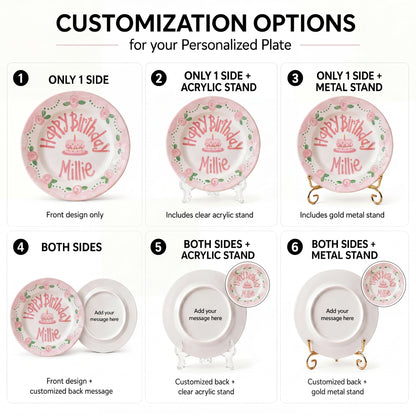 Personalized Birthday Plate – Pink Rose Garland & Cake Design | B063