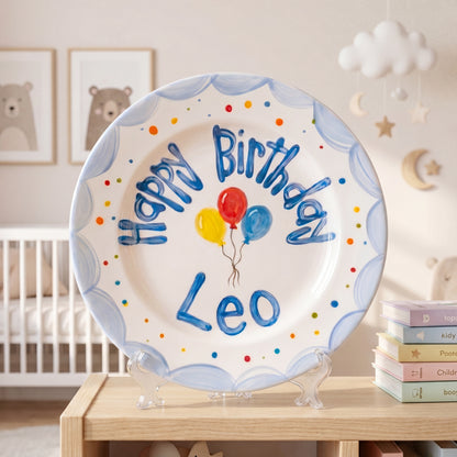 Personalized Birthday Plate – Blue Scalloped Edge with Balloons & Dots | B068