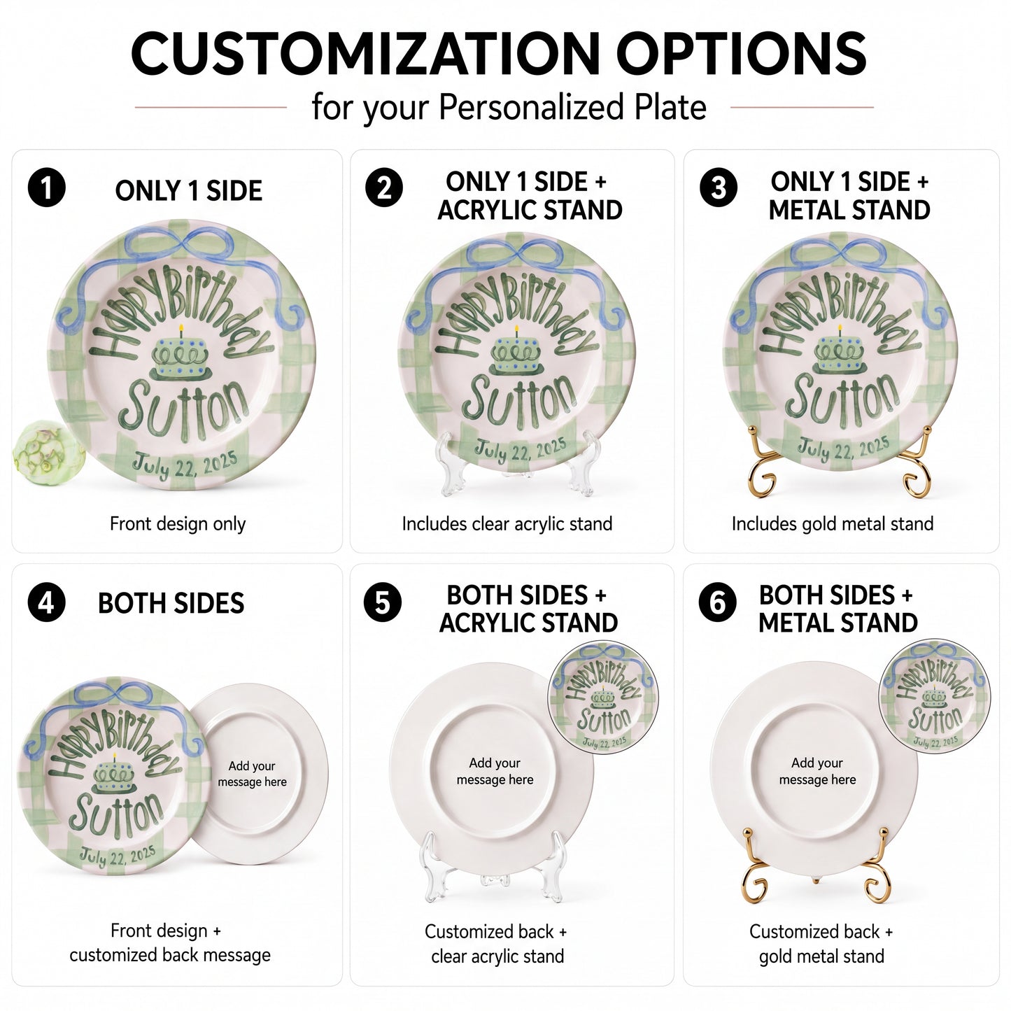 Personalized Birthday Plate – Green Gingham Bow & Polka Dot Cake Design | B085