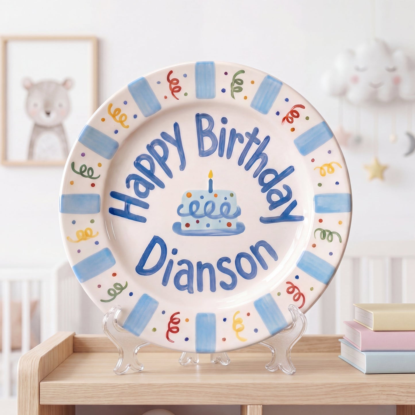 Personalized Birthday Plate – Blue Cake & Party Streamers Design | B072