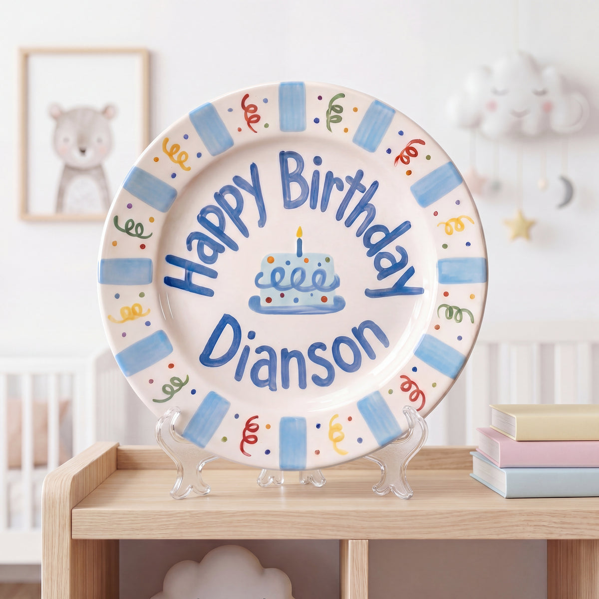 Custom Name Birthday Plate – Blue Stripe Border & Party Streamers Design | B072
