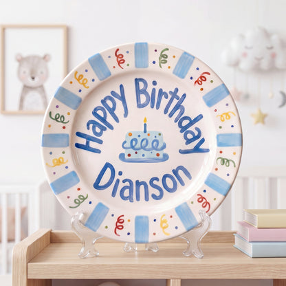 Personalized Birthday Plate – Blue Cake & Party Streamers Design | B072