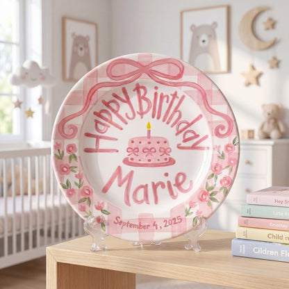 Personalized Birthday Plate – Pink Gingham Bow, Floral & Cake Design | B069