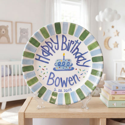 Personalized Birthday Plate – Green & Blue Stripe Cake & Candy Sprinkles Design | B067