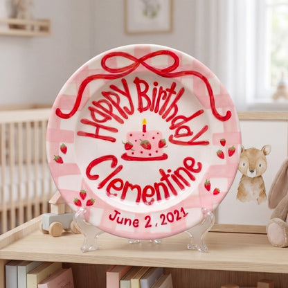 Personalized Birthday Plate – Pink Checkered Strawberry Cake & Bow Design | B071