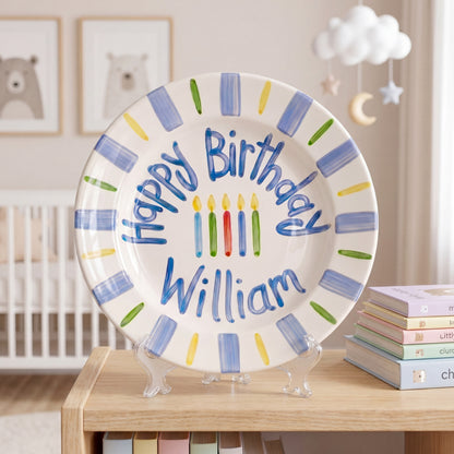 Personalized Birthday Plate – Blue Stripe & Colorful Candle Design | B070