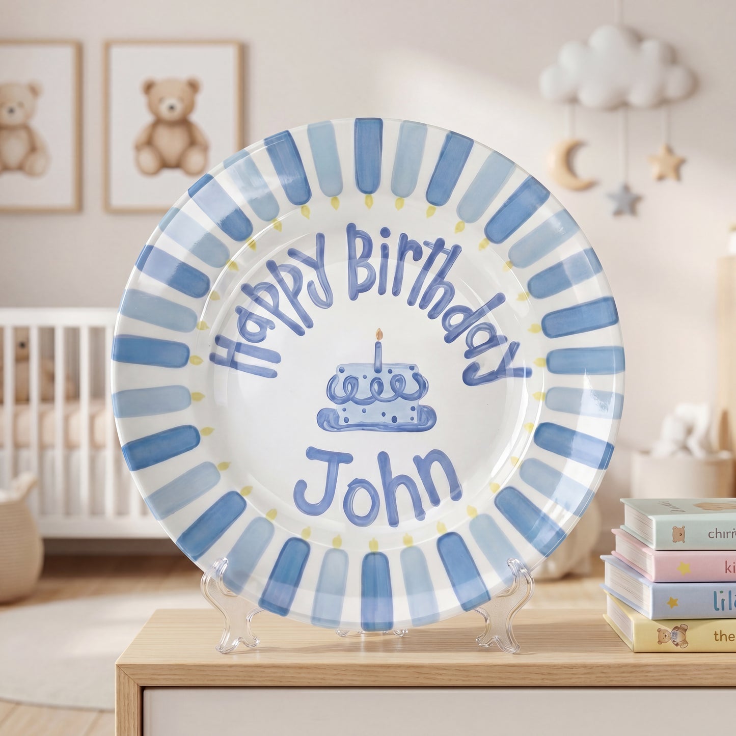 Personalized Birthday Plate – Blue Cake & Stripe Design | B032