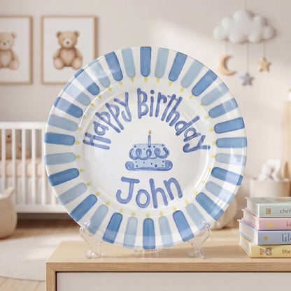 Personalized Birthday Plate – Blue Cake & Stripe Design | B032