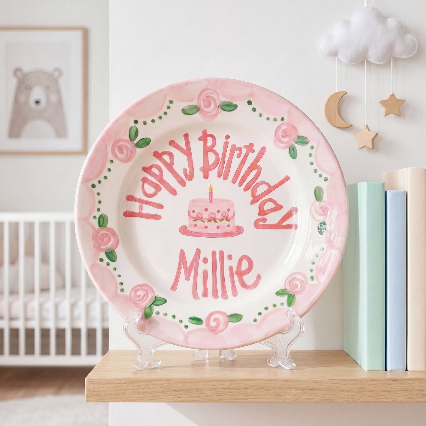 Personalized Birthday Plate – Pink Rose Garland & Cake Design | B063