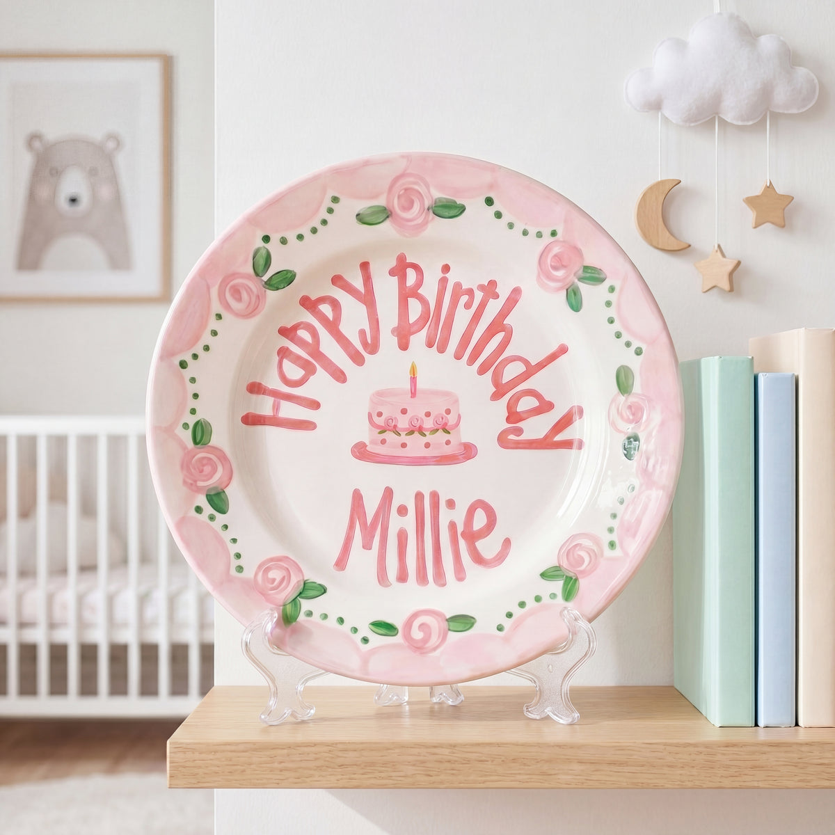 Custom Name Birthday Plate – Pink Rose Border & Cake Design | B063