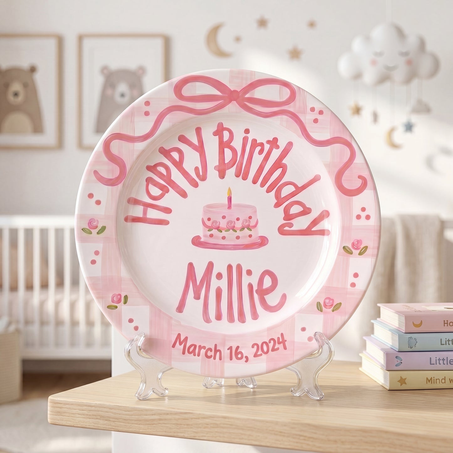 Personalized Birthday Plate – Pink Gingham Bow & Floral Cake Design | B059