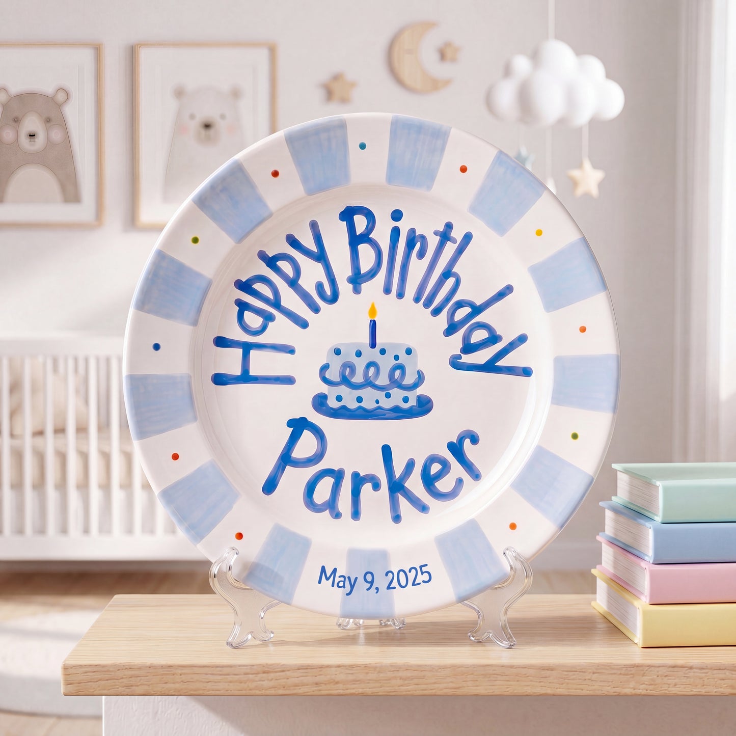 Personalized Birthday Plate – Blue Striped Cake & Polka Dot Design | B057