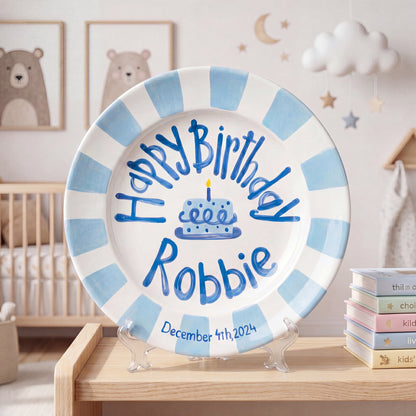 Custom Name Birthday Plate – Blue Stripe Border & Cake Design | B056
