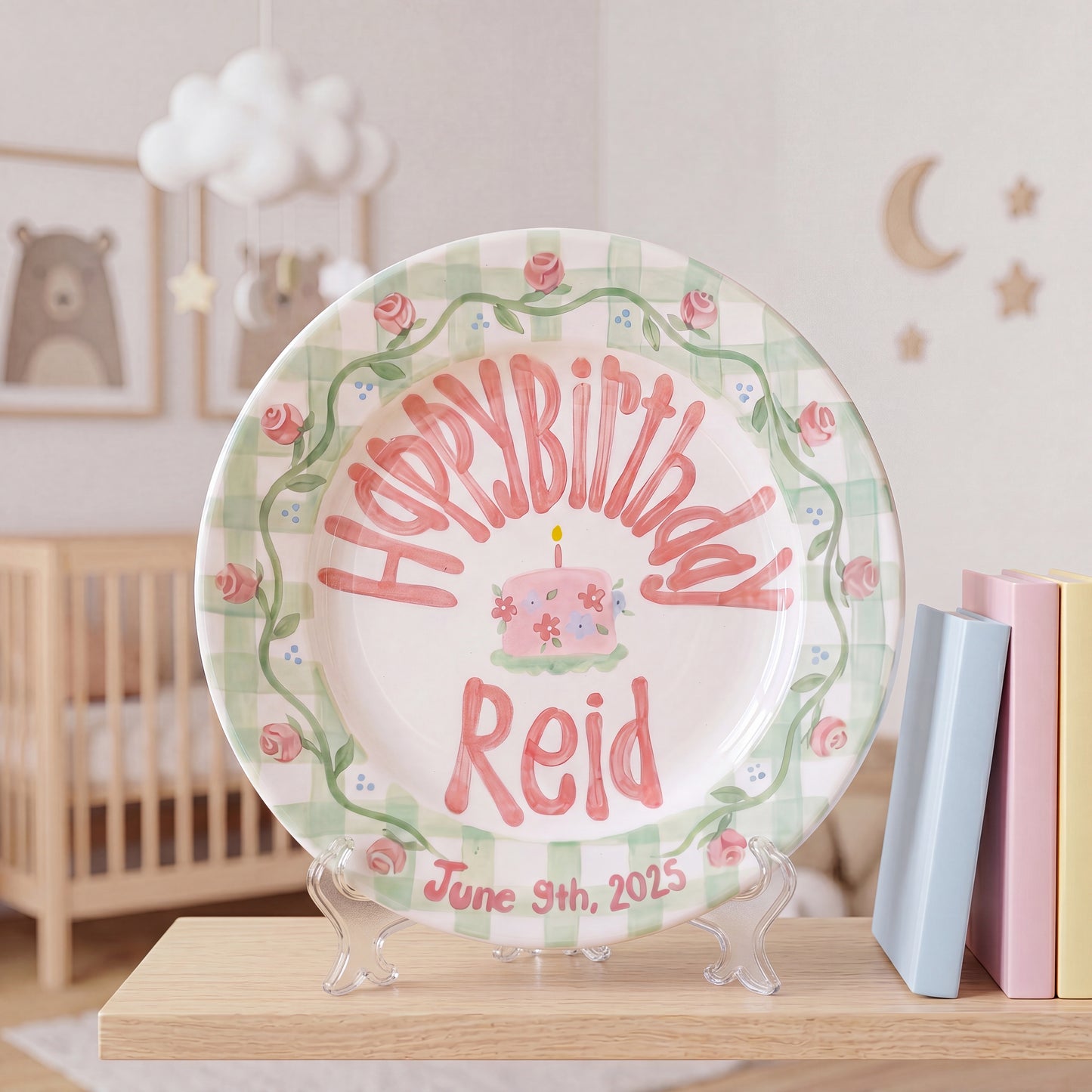 Personalized Birthday Plate – Green Gingham Rose Vine & Floral Cake Design | B047