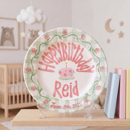 Personalized Birthday Plate – Green Gingham Rose Vine & Floral Cake Design | B047