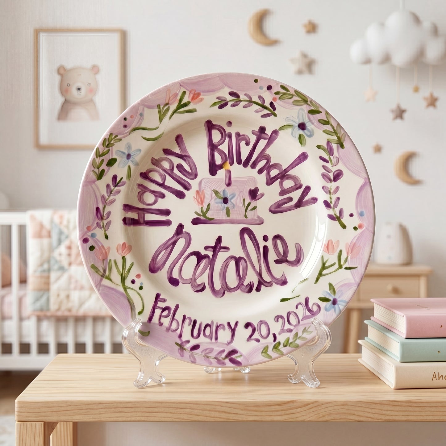 Custom Hand-Painted Birthday Plate Lavender Border Wildflowers, Heirloom Ceramic | BHL001