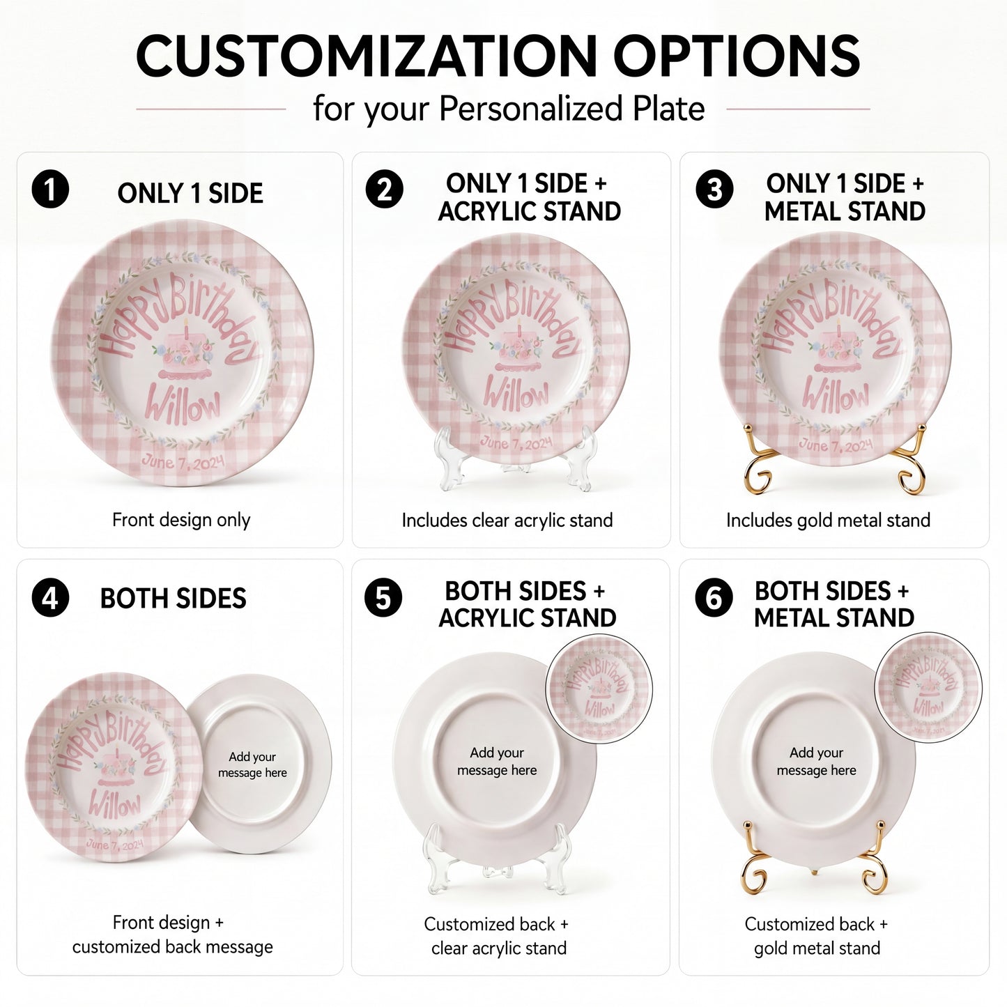 Personalized Birthday Plate – Pink Gingham Floral Wreath & Cake Design | B065