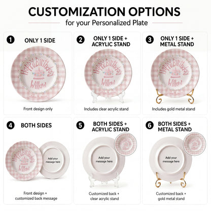 Personalized Birthday Plate – Pink Gingham Floral Wreath & Cake Design | B065