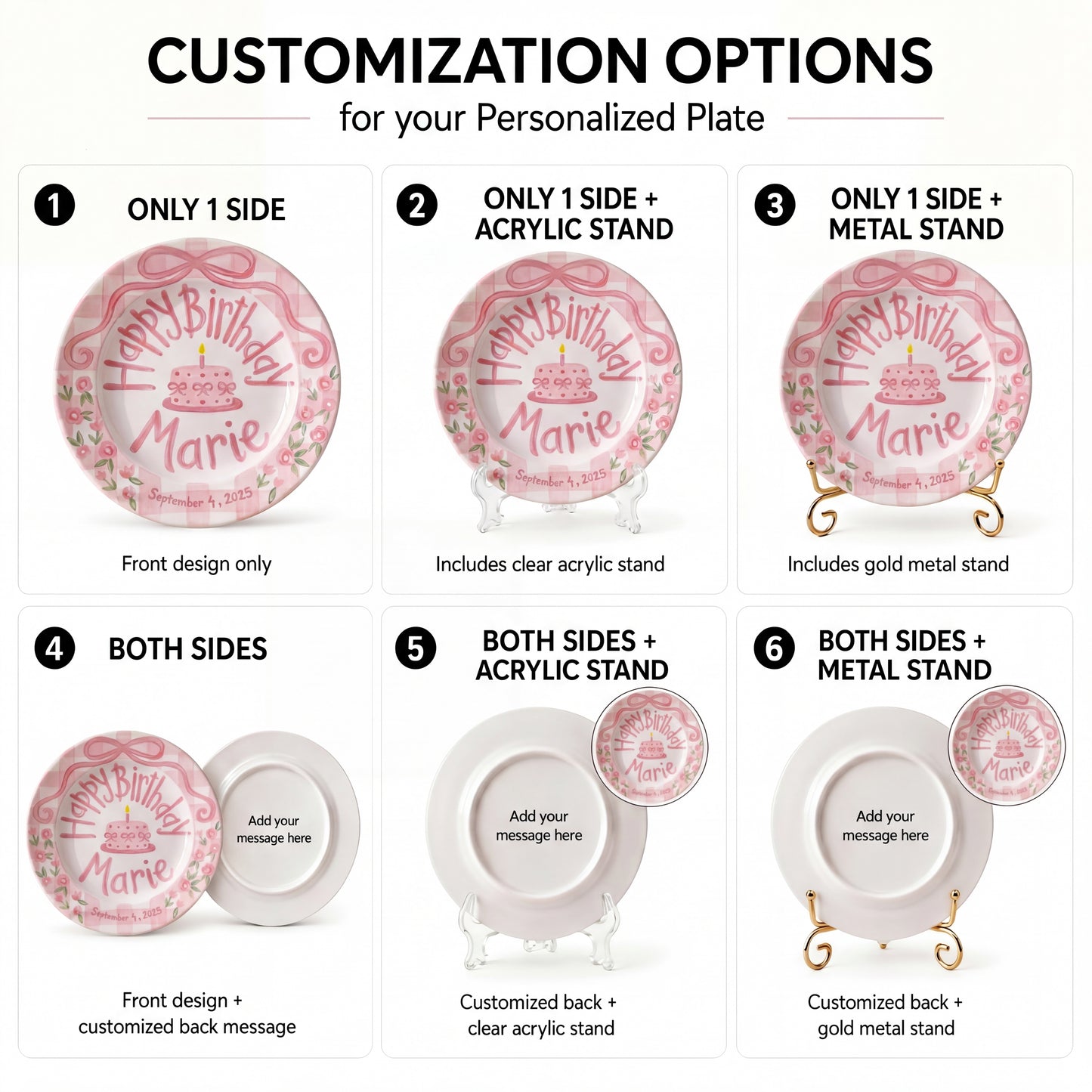 Personalized Birthday Plate – Pink Gingham Bow, Floral & Cake Design | B069