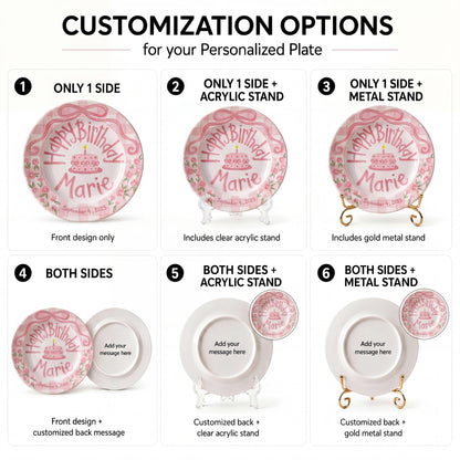 Personalized Birthday Plate – Pink Gingham Bow, Floral & Cake Design | B069