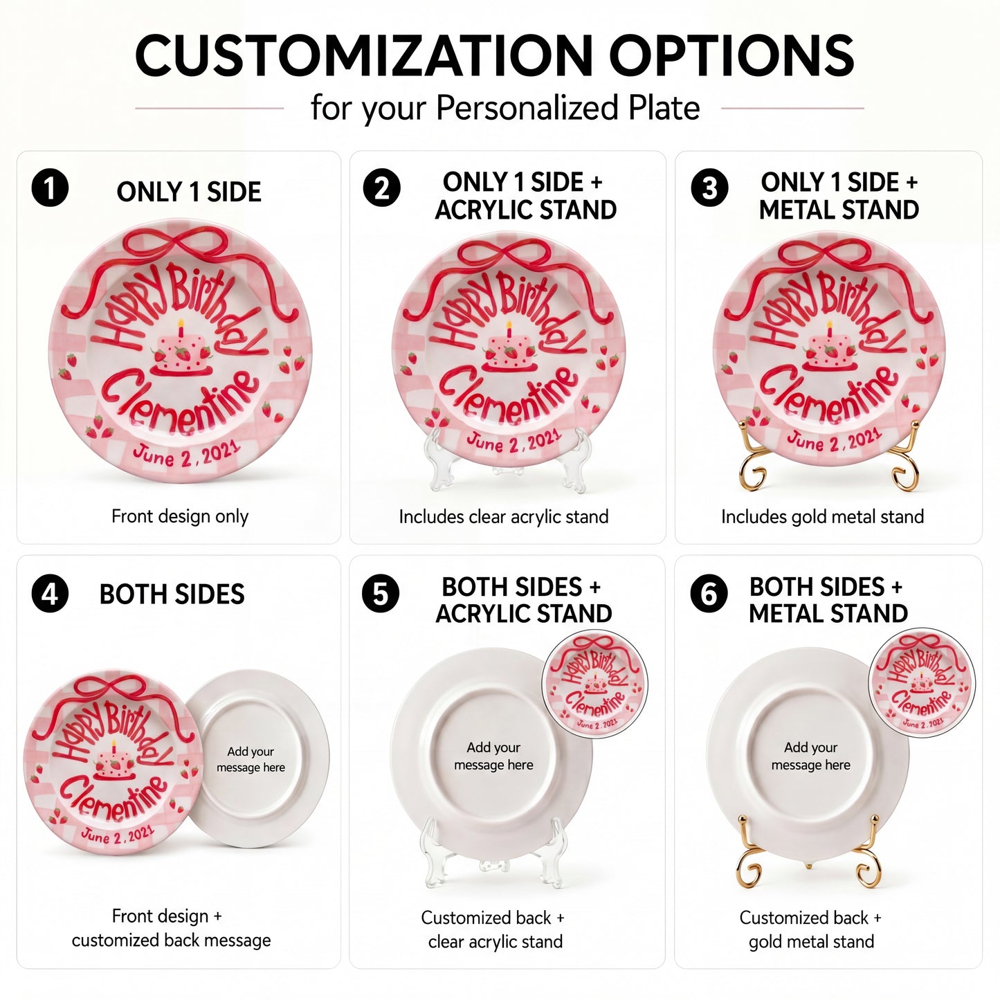 Personalized Birthday Plate – Pink Checkered Strawberry Cake & Bow Design | B071