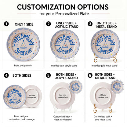 Personalized Birthday Plate – Polka Dot Party Hat & Blue Scalloped Border Design | B053