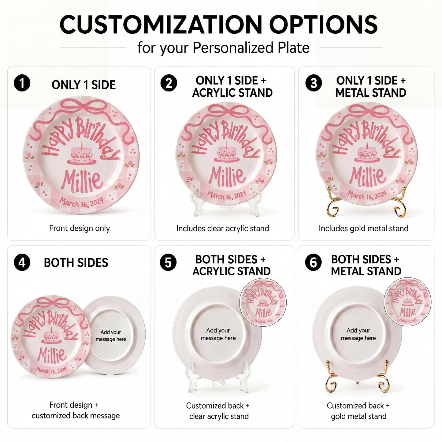 Personalized Birthday Plate – Pink Gingham Bow & Floral Cake Design | B059