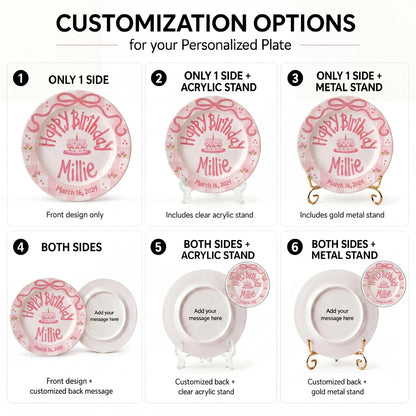 Personalized Birthday Plate – Pink Gingham Bow & Floral Cake Design | B059