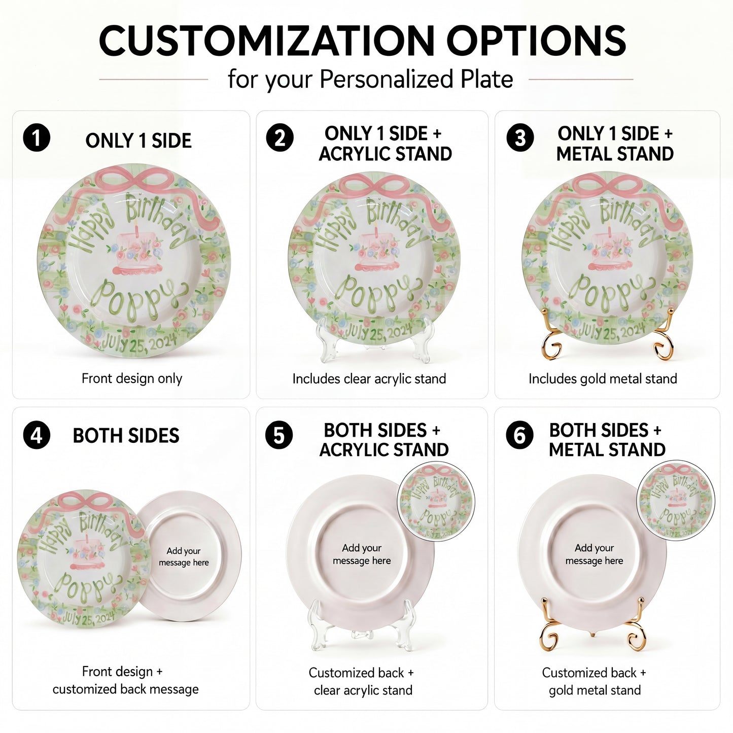 Personalized Birthday Plate – Green Gingham Pink Bow & Floral Cake Design | BHL009