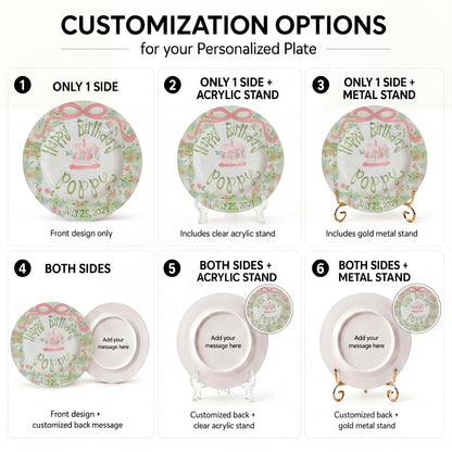 Personalized Birthday Plate – Green Gingham Pink Bow & Floral Cake Design | BHL009