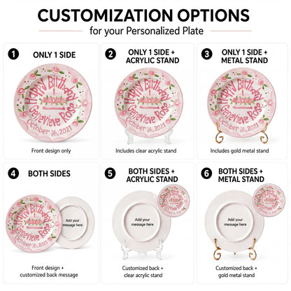Personalized Birthday Plate – Pink Scalloped Rose Border & Cake Design | BHL011