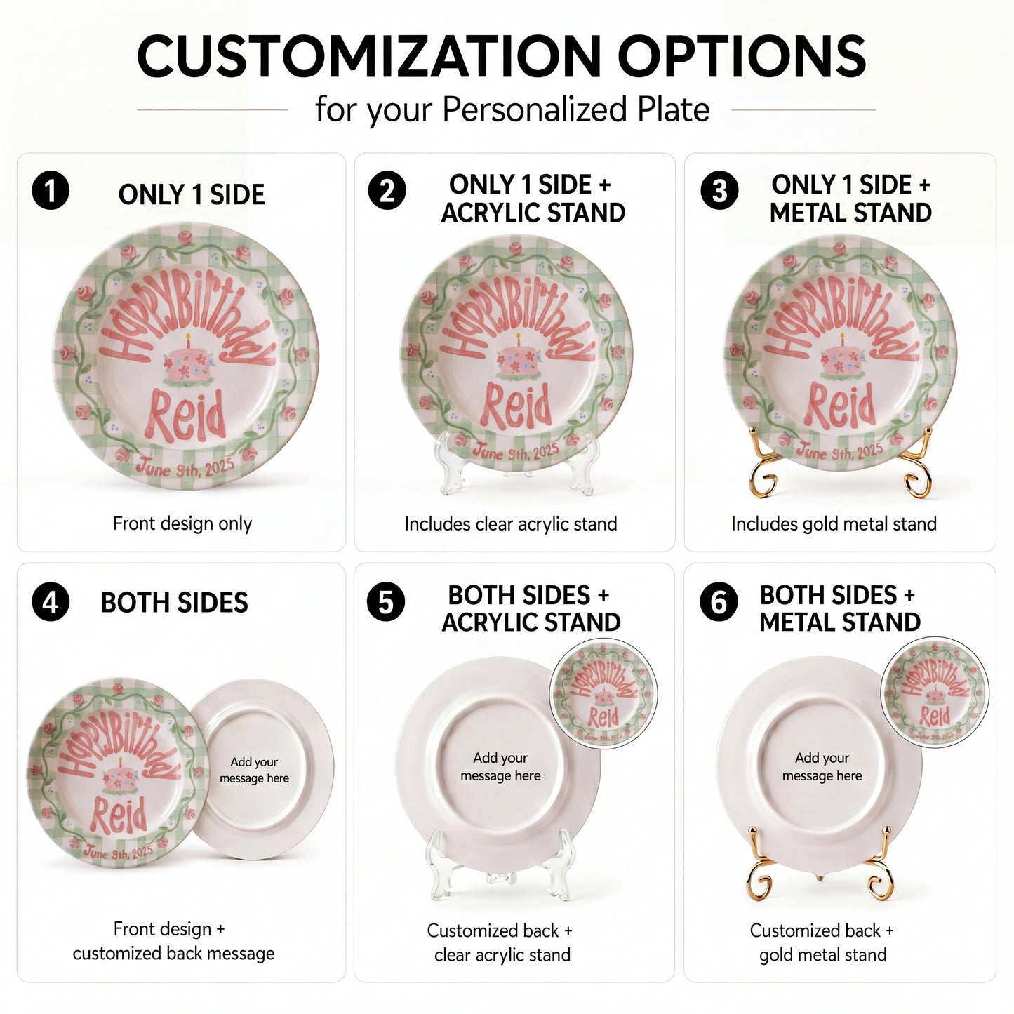 Personalized Birthday Plate – Green Gingham Rose Vine & Floral Cake Design | B047