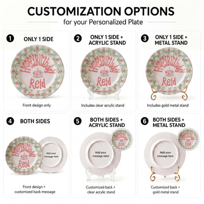 Personalized Birthday Plate – Green Gingham Rose Vine & Floral Cake Design | B047
