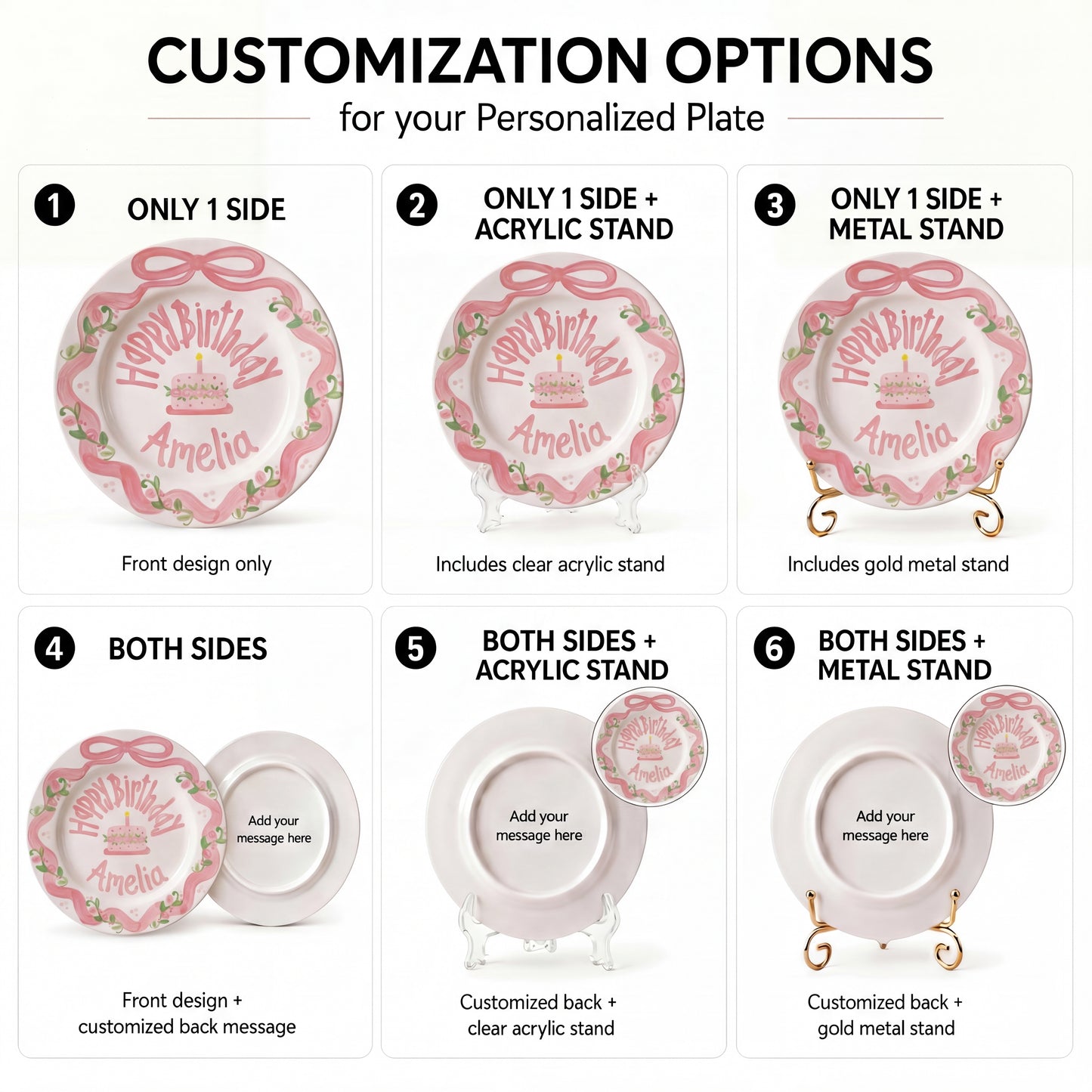Personalized Birthday Plate – Pink Bow Floral Ribbon & Cake Design | B060