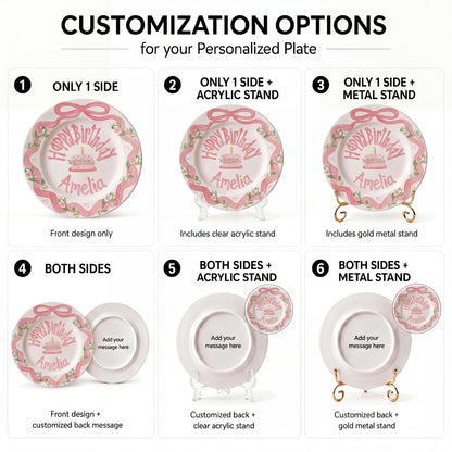 Personalized Birthday Plate – Pink Bow Floral Ribbon & Cake Design | B060