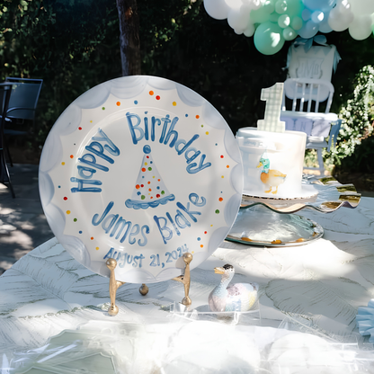 Custom Hand-Painted Ceramic Boy's Birthday Plate Party Hat & Colorful Dots | BHL002