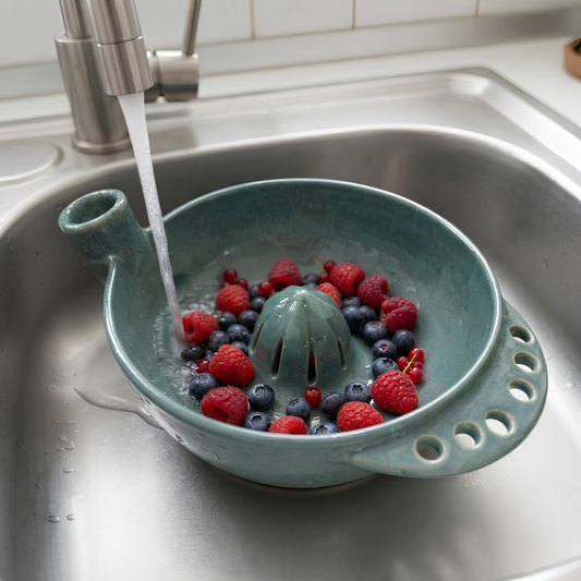 Handcrafted Ceramic Berry Colander with Water Spout, Self Draining Fruit Washing Bowl, Pottery Strainer Bowl • HX41