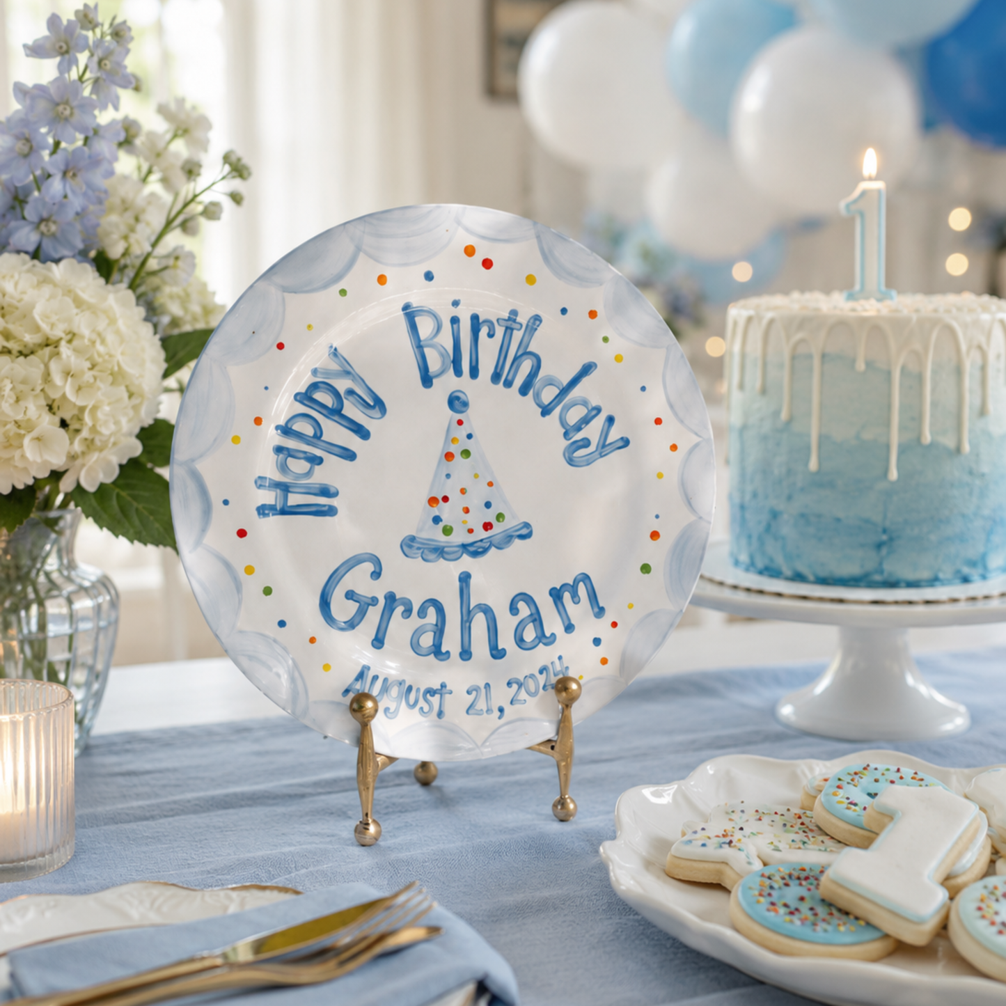 Custom Hand-Painted Ceramic Boy's Birthday Plate Party Hat & Colorful Dots | BHL002