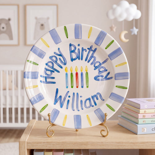 Personalized Birthday Plate – Blue Stripe & Colorful Candle Design | B070