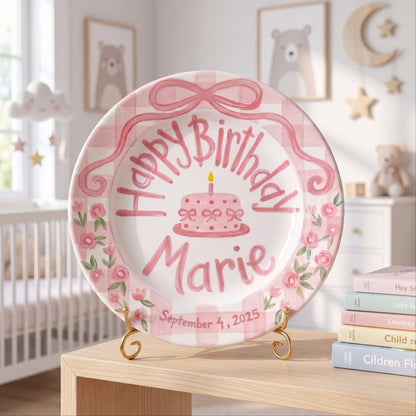 Personalized Birthday Plate – Pink Gingham Bow, Floral & Cake Design | B069