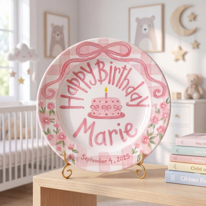 Personalized Birthday Plate – Pink Gingham Bow, Floral & Cake Design | B069