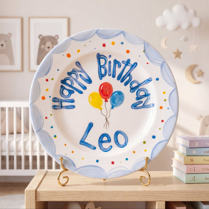 Personalized Birthday Plate – Blue Scalloped Edge with Balloons & Dots | B068