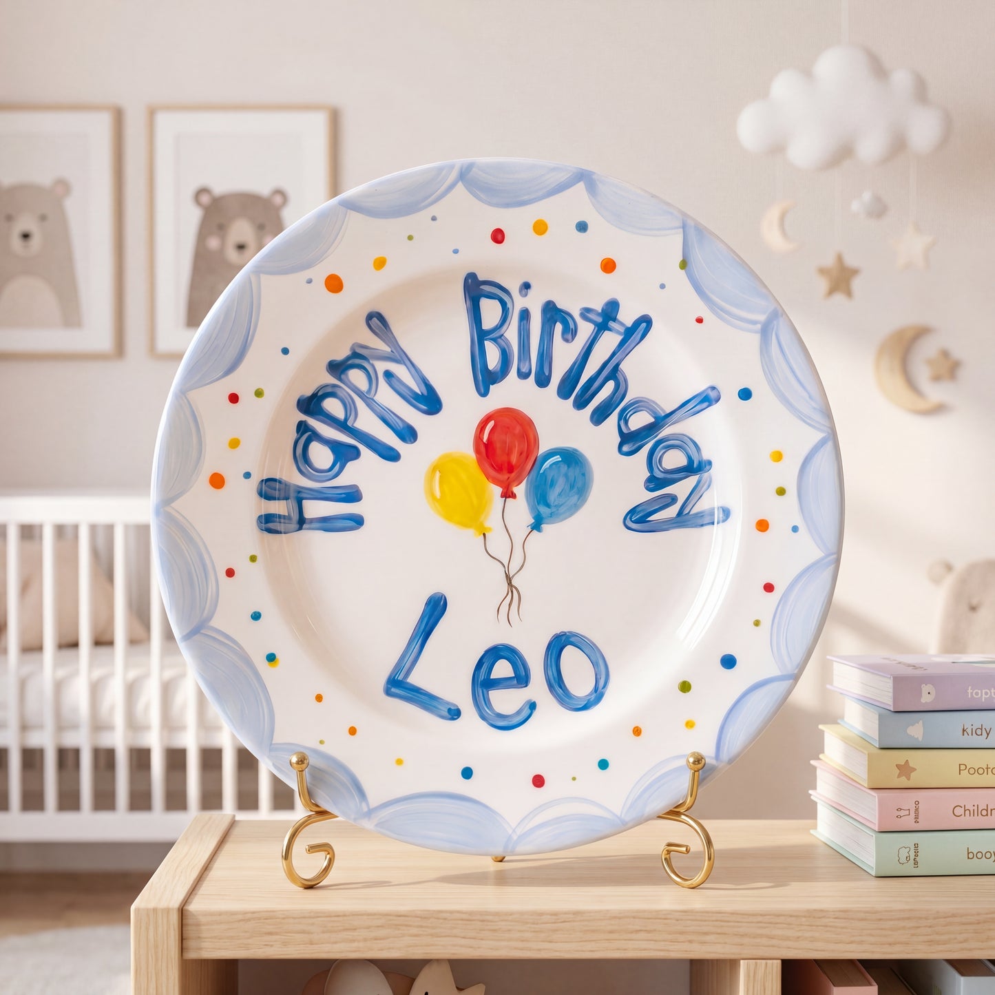 Custom Name Birthday Plate – Blue Scallop Balloon Design | B068