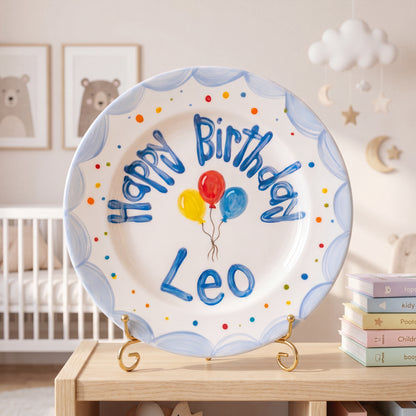 Custom Name Birthday Plate – Blue Scallop Balloon Design | B068
