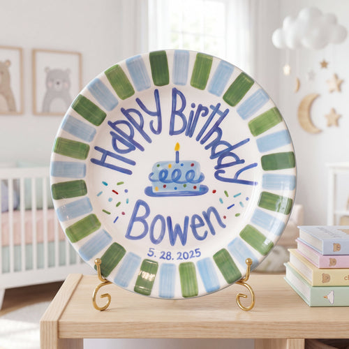 Personalized Birthday Plate – Green & Blue Stripe Cake & Candy Sprinkles Design | B067