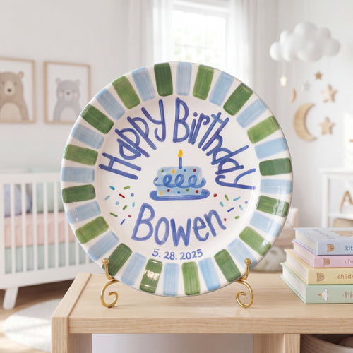 Custom Name Birthday Plate – Blue and Green Stripe Cake Design | B067