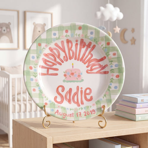 Personalized Birthday Plate – Green Gingham, Flowers & Pink Cake Design | B066