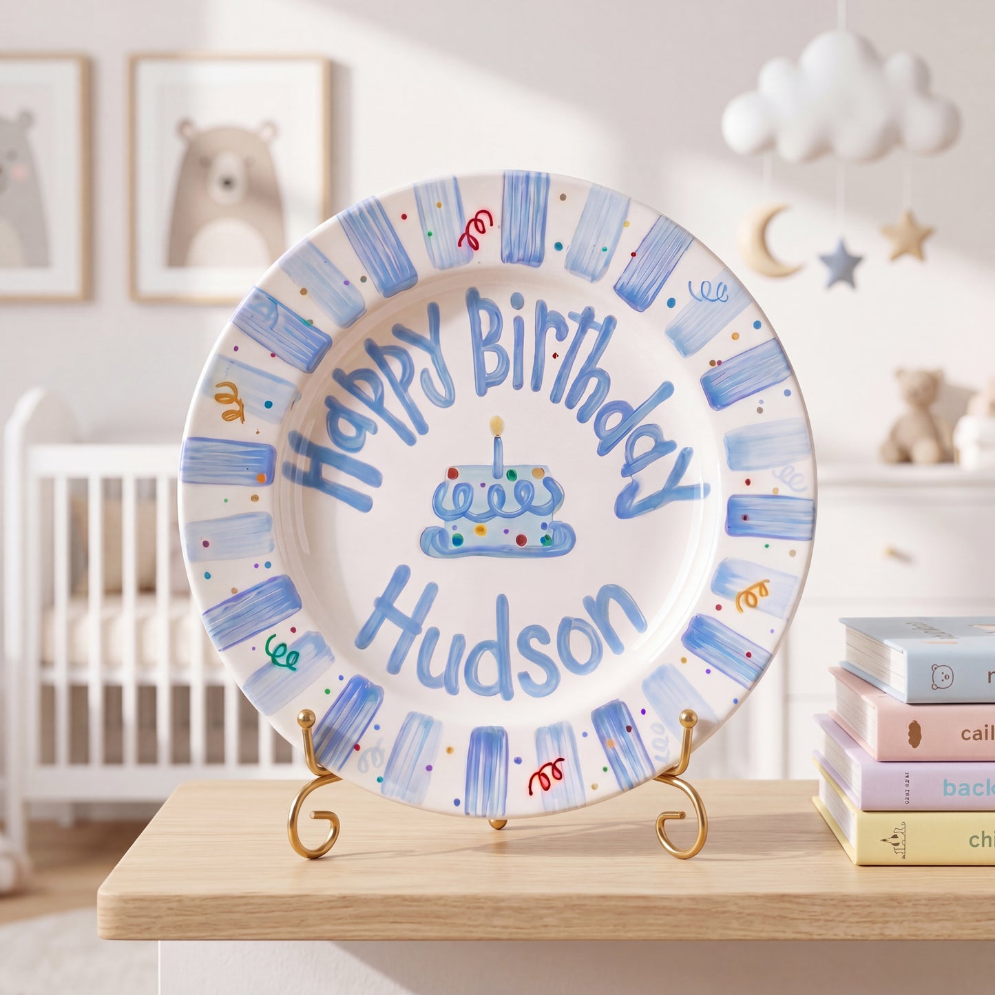 Personalized Birthday Plate – Blue Striped Cake & Sprinkles Design | B009