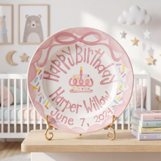 Personalized Birthday Plate – Pink Bow Cake & Sprinkles Design | B026