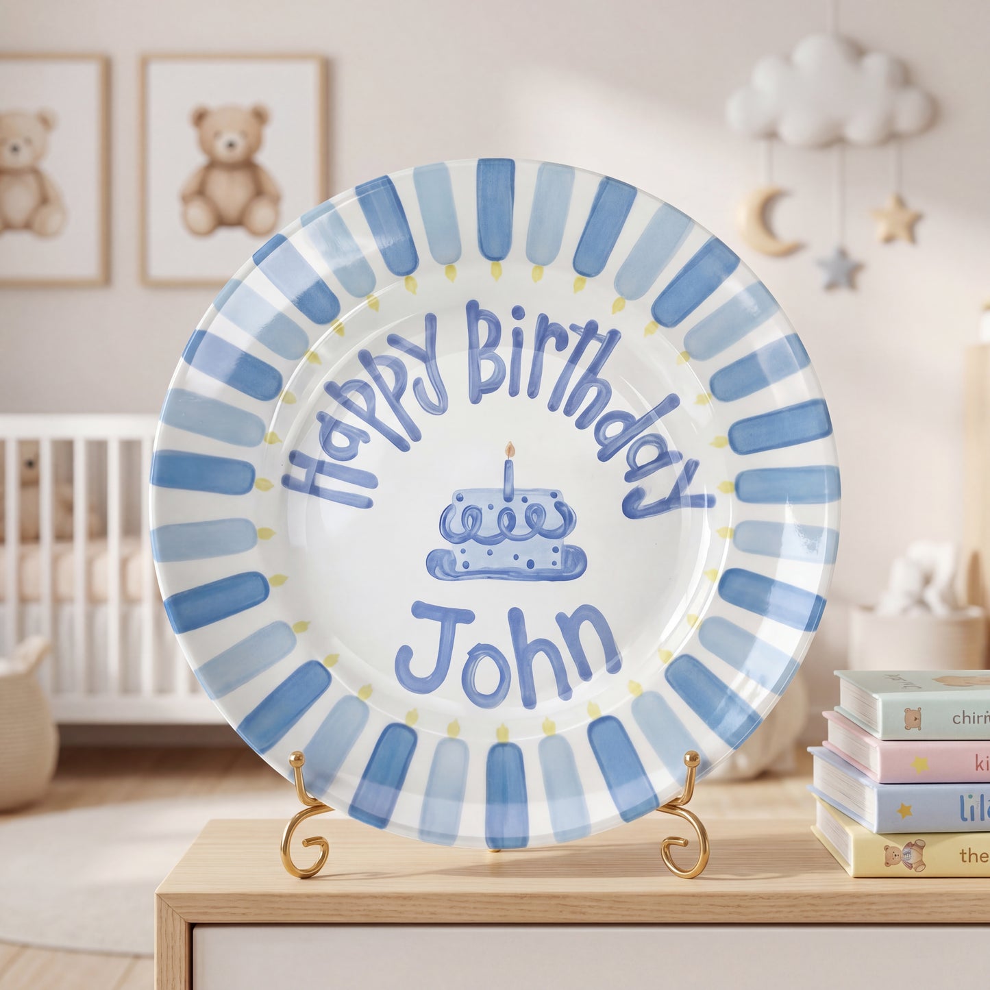 Personalized Birthday Plate – Blue Cake & Stripe Design | B032